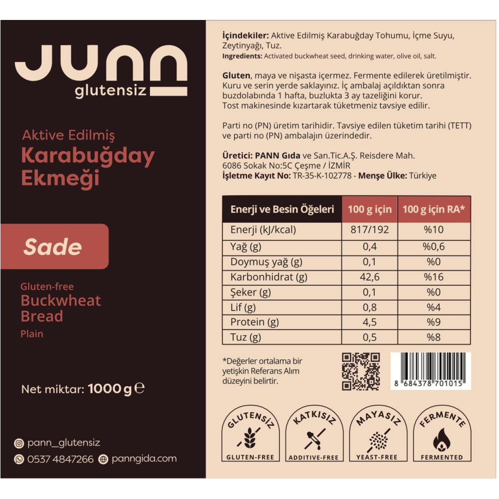 JUNN Glutensiz Aktive Karabuğday Ekmeği Sade 1000 g