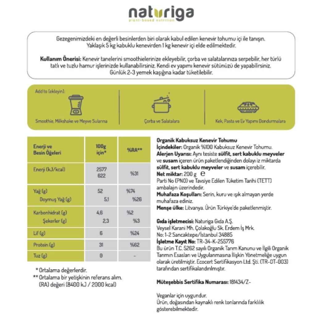 NATURIGA Organik Kabuksuz Kenevir Tohumu 200 g