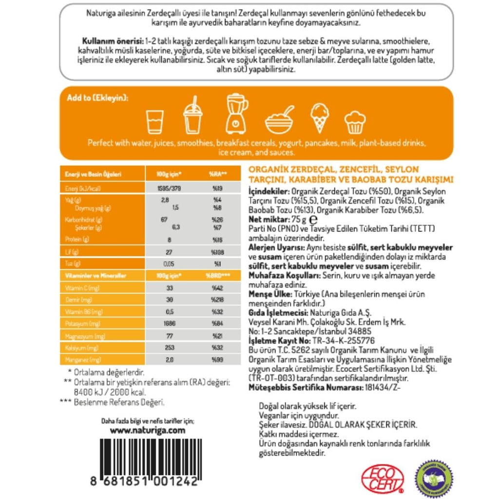 NATURIGA Organik Zerdeçallı Karışım (Altın Süt Karışımı) 75 g