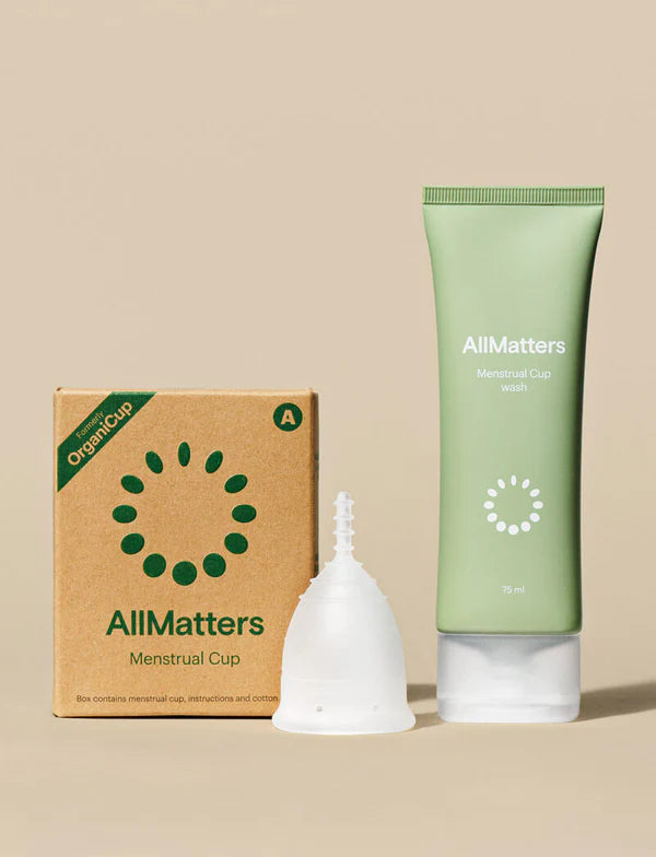 AllMatters temizleme jeli, regl kabı ve ürün kutusu