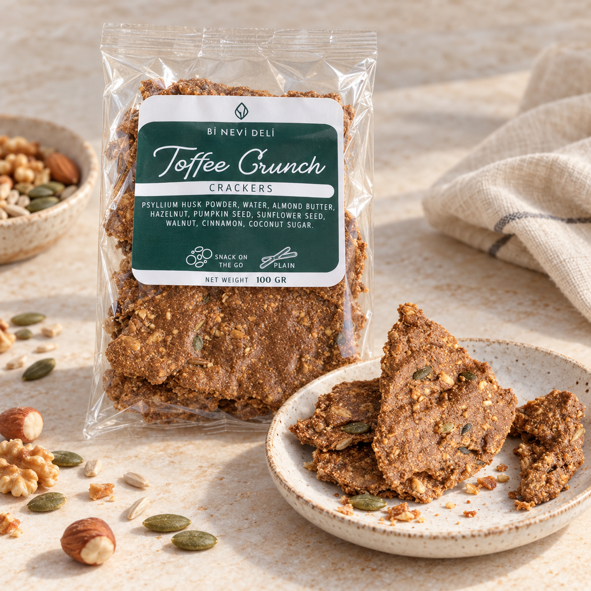 Bİ NEVİ DELİ Toffee Crunch Tatlı Kraker 100 g – sunum önerisi