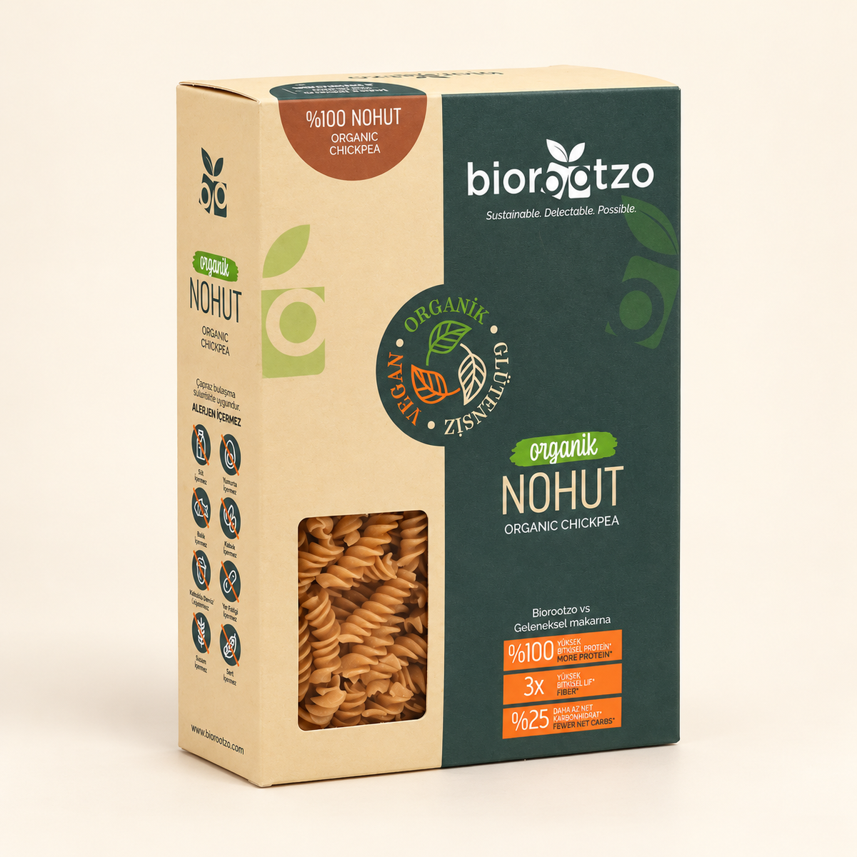 BIOROOTZO Nohut Makarnası Organik Glutensiz ve Vegan 200 g Fusilli Burgu – stüdyo çekimi