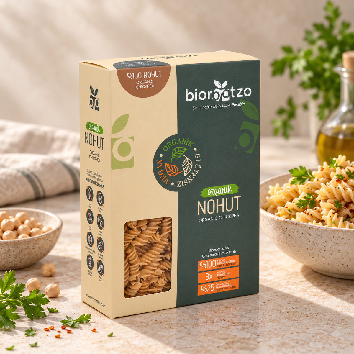 BIOROOTZO Nohut Makarnası Organik Glutensiz ve Vegan 200 g Fusilli Burgu – sunum önerisi