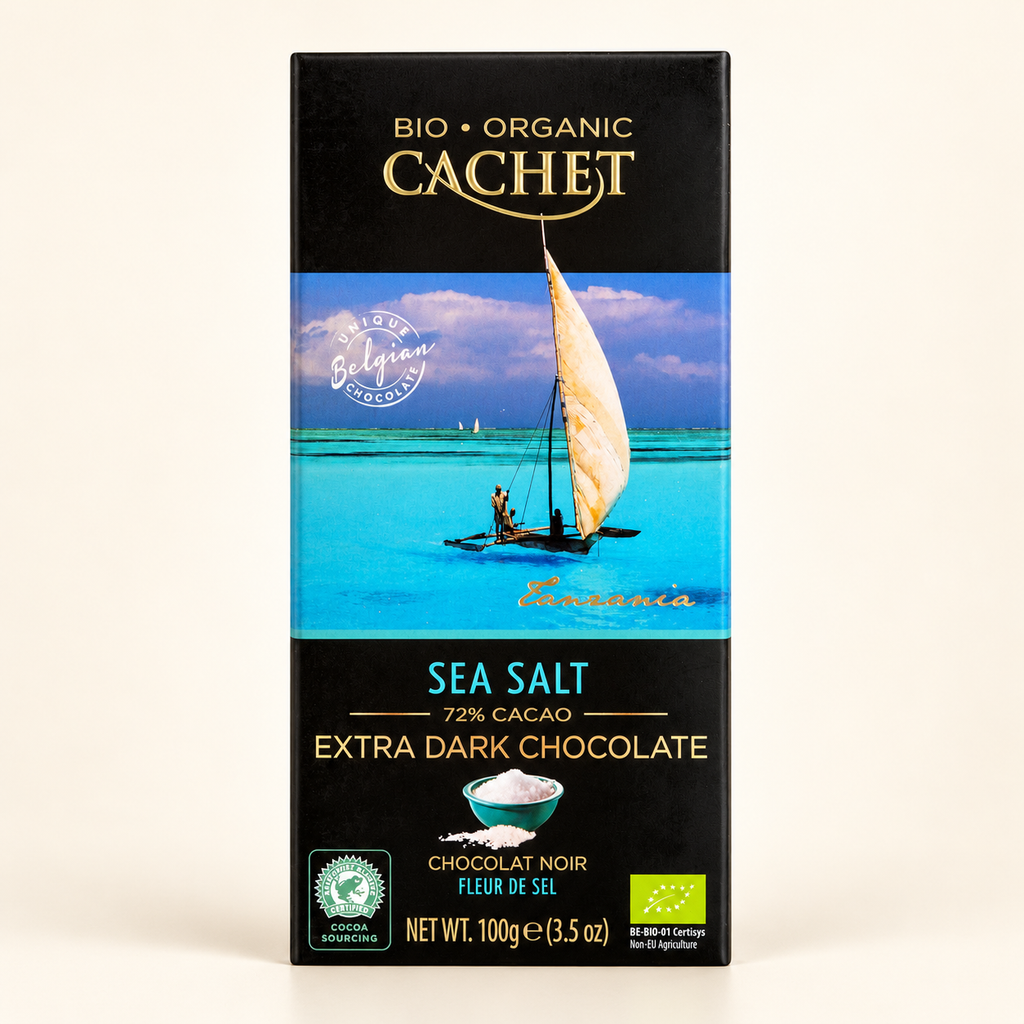 CACHET Organik Deniz Tuzlu Bitter Çikolata %72   90 gram – stüdyo çekimi