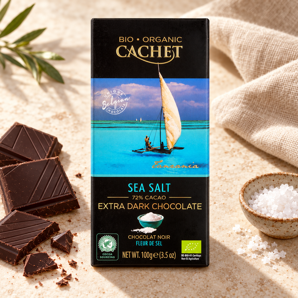 CACHET Organik Deniz Tuzlu Bitter Çikolata %72   90 gram – sunum önerisi