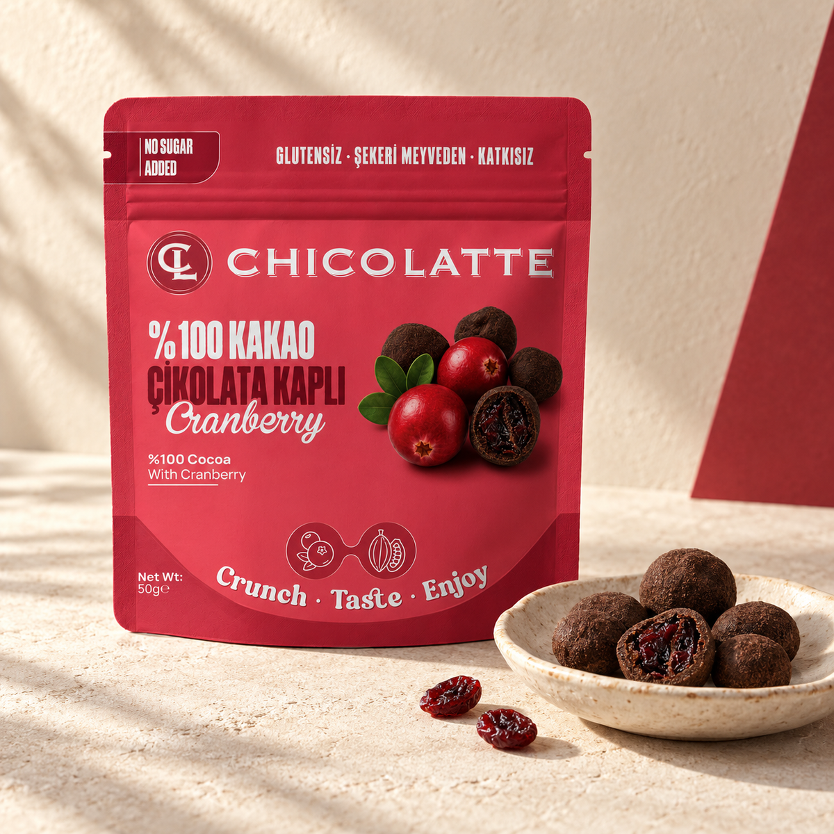 CHICOLATTE Cranberry ambalajı ve çikolata kaplı cranberry sunumu