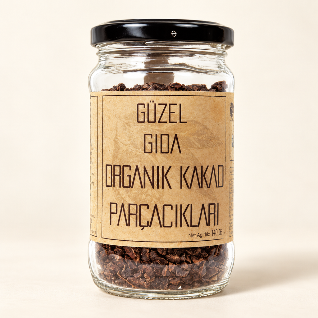 GÜZEL GIDA Organik Ham Kakao Parçacıkları 140 g – stüdyo çekimi