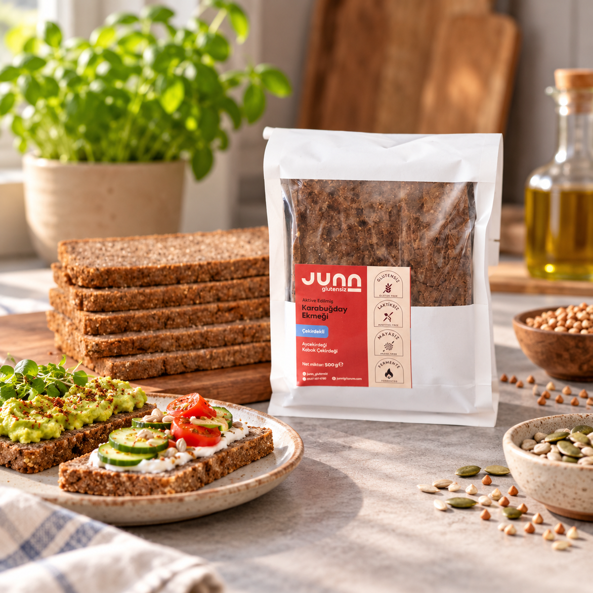 JUNN Glutensiz  Aktive Karabuğday Ekmeği Çekirdekli 500 g – sunum önerisi