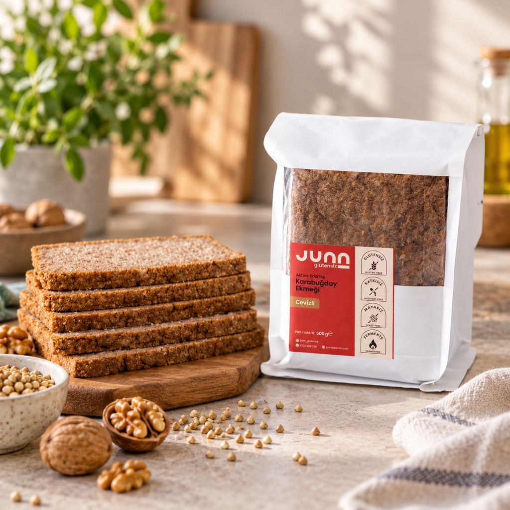 JUNN Glutensiz Aktive Karabuğday Ekmeği Cevizli  500 g – sunum önerisi