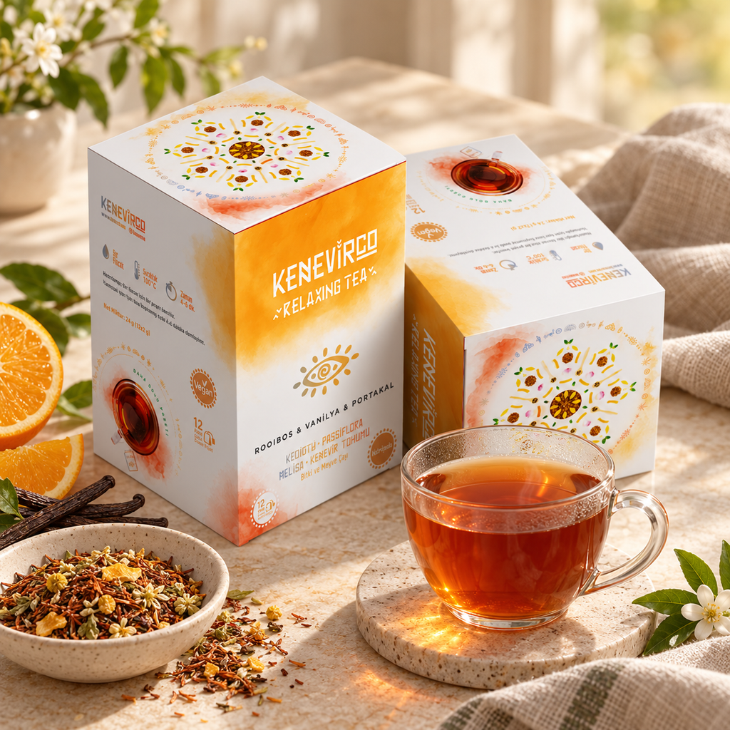 KENEVIRCO Vanilya ve Portakallı Kenevir Tohumu Çayı 12’li – sunum önerisi