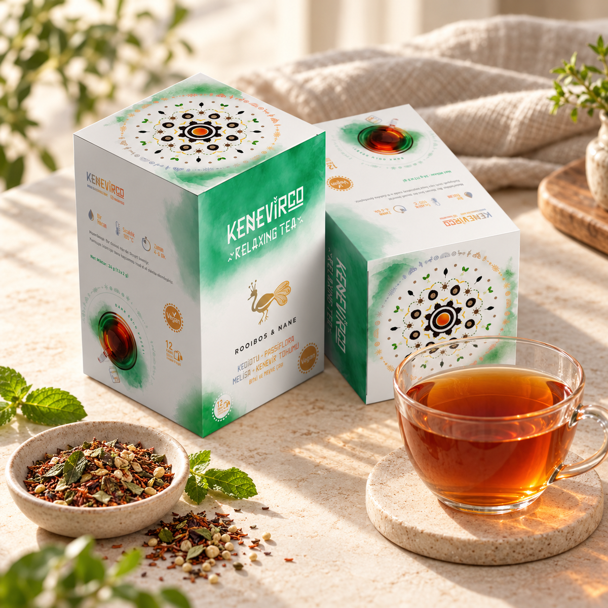 KENEVIRCO Yeşil Rooibos ve Naneli Kenevir Tohumu Çayı 12’li – sunum önerisi