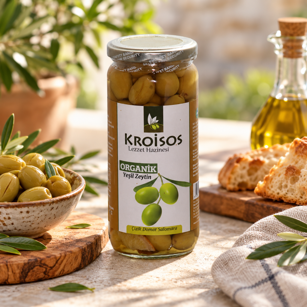 Kroisos Organik Çizik Yeşil Zeytin 300 g – sunum önerisi