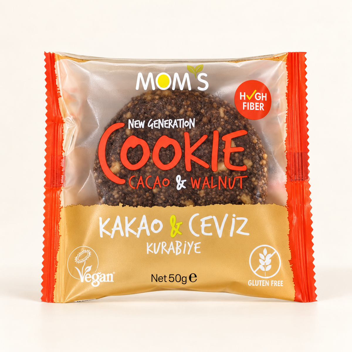 MOM'S Glutensiz Cookie Kakao Ceviz 50 g – stüdyo çekimi