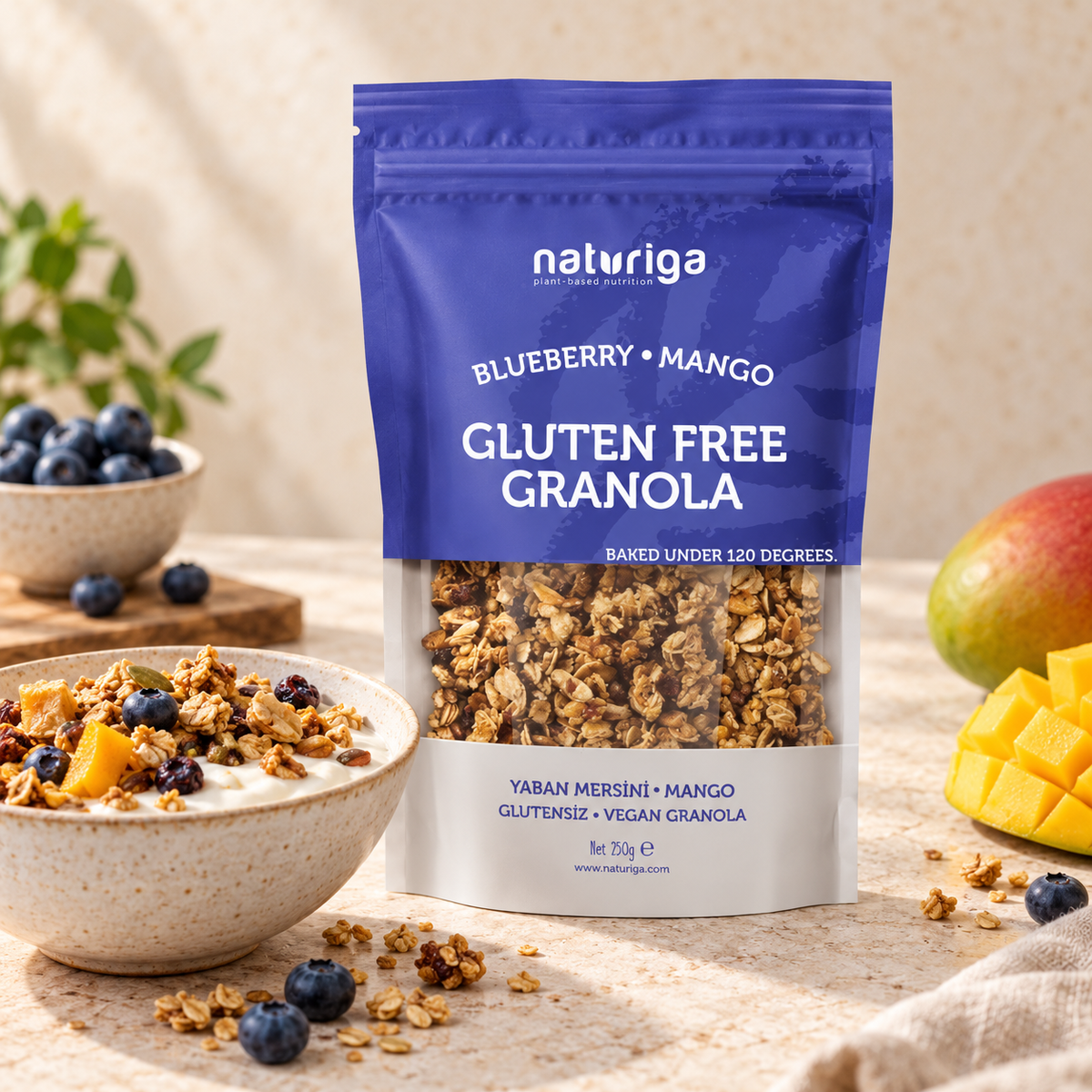 NATURIGA Glutensiz Yaban Mersini & Mangolu Vegan Granola 250 g – sunum önerisi