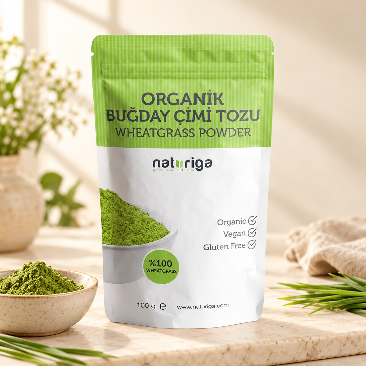 NATURIGA Organik Buğday Çimi Tozu 100 g – sunum önerisi