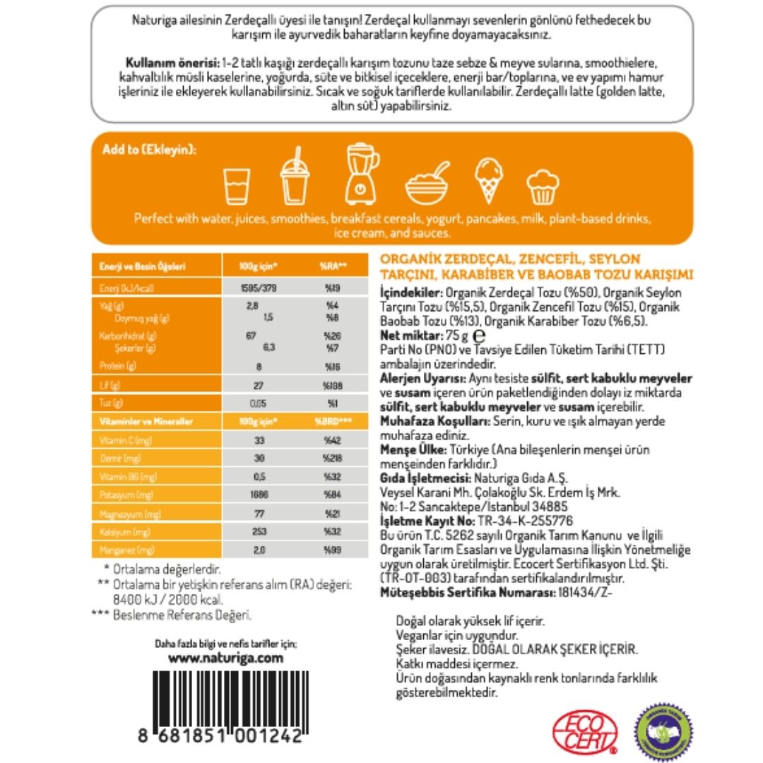 NATURIGA Organik Zerdeçallı Karışım (Altın Süt Karışımı) 75 g