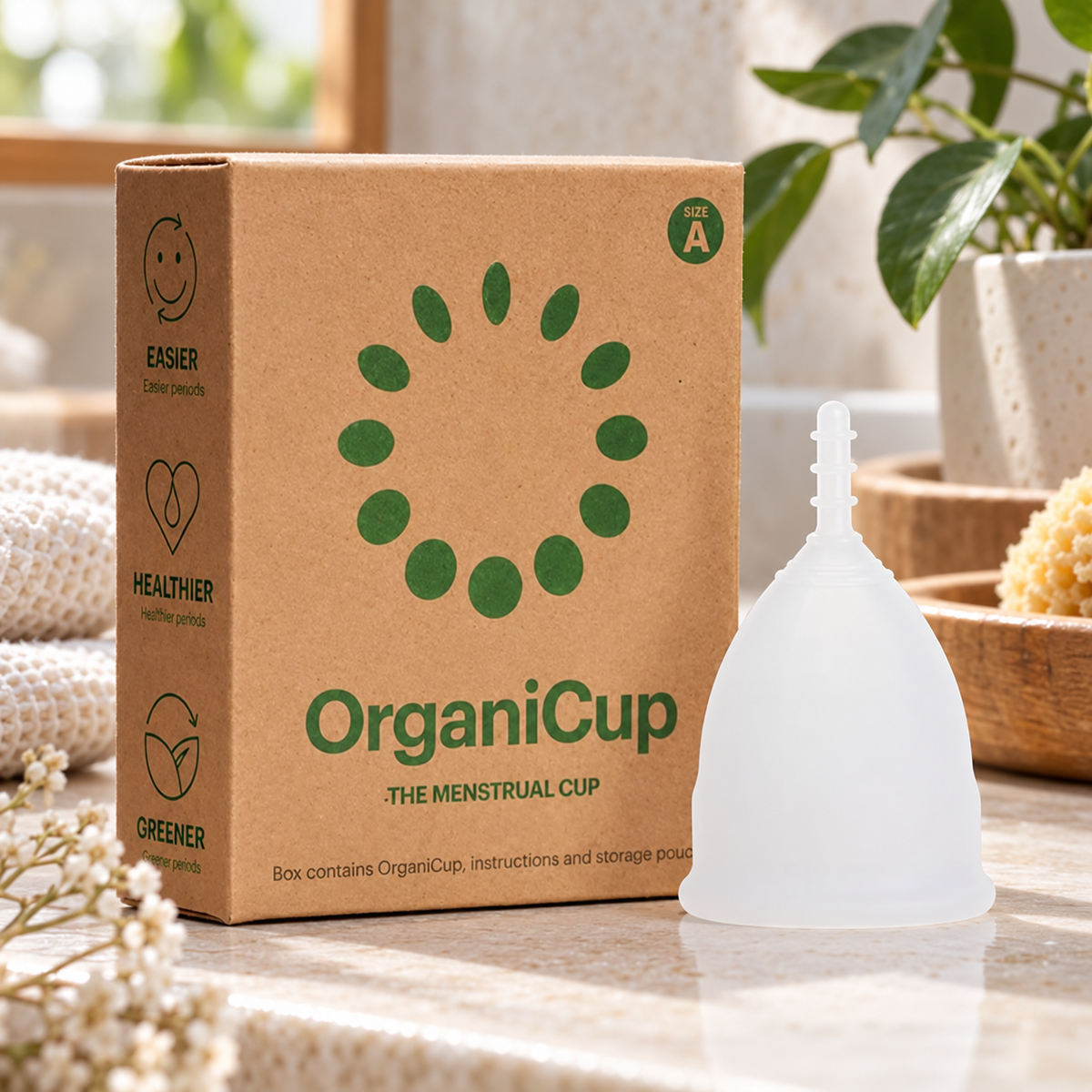 Pencere önünde AllMatters OrganiCup Model A regl kabı ve kutusu