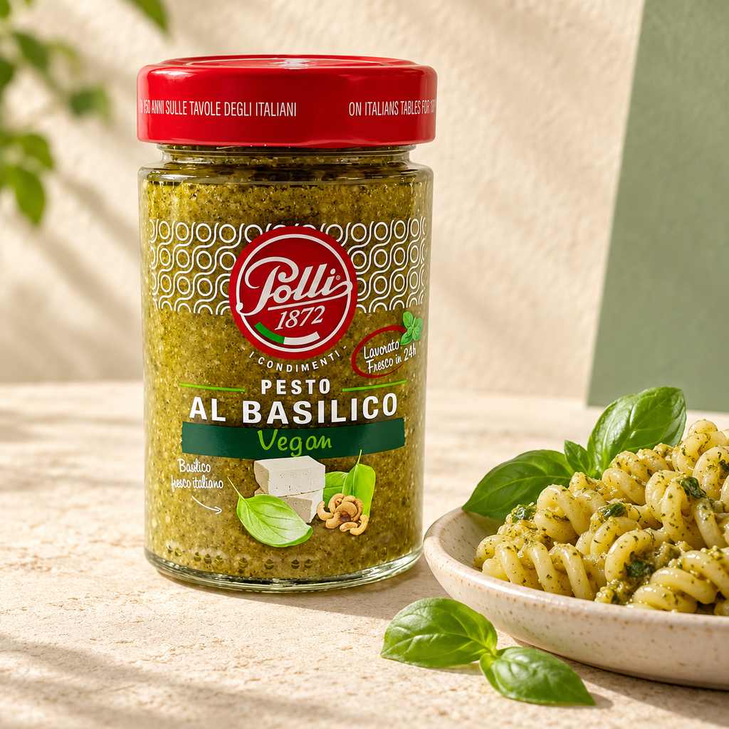 POLLI Vegan Pesto Sos 190 g, pesto soslu vegan makarna ile sunum