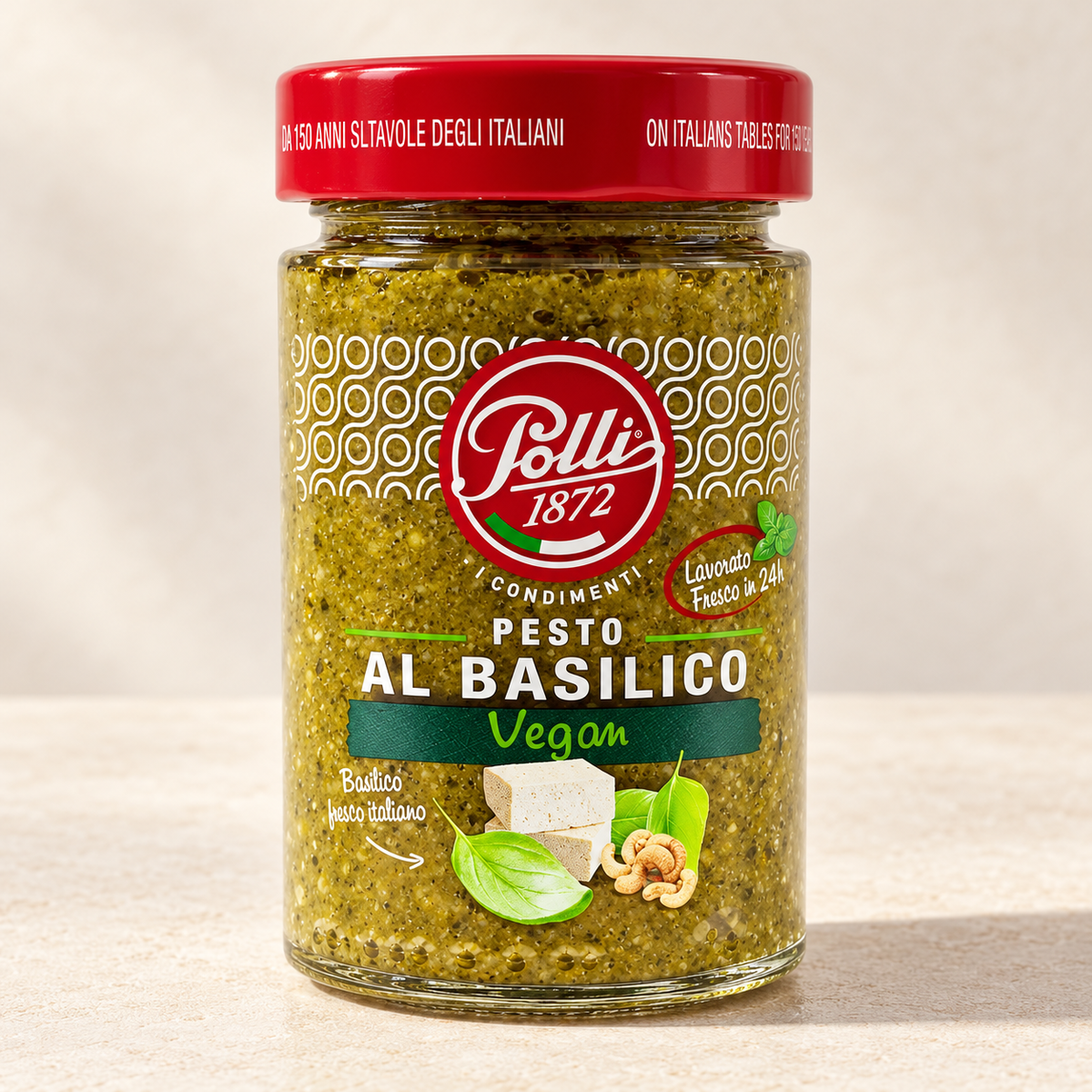 POLLI Vegan Pesto Sos 190 g, krem zeminde kavanoz fotoğrafı