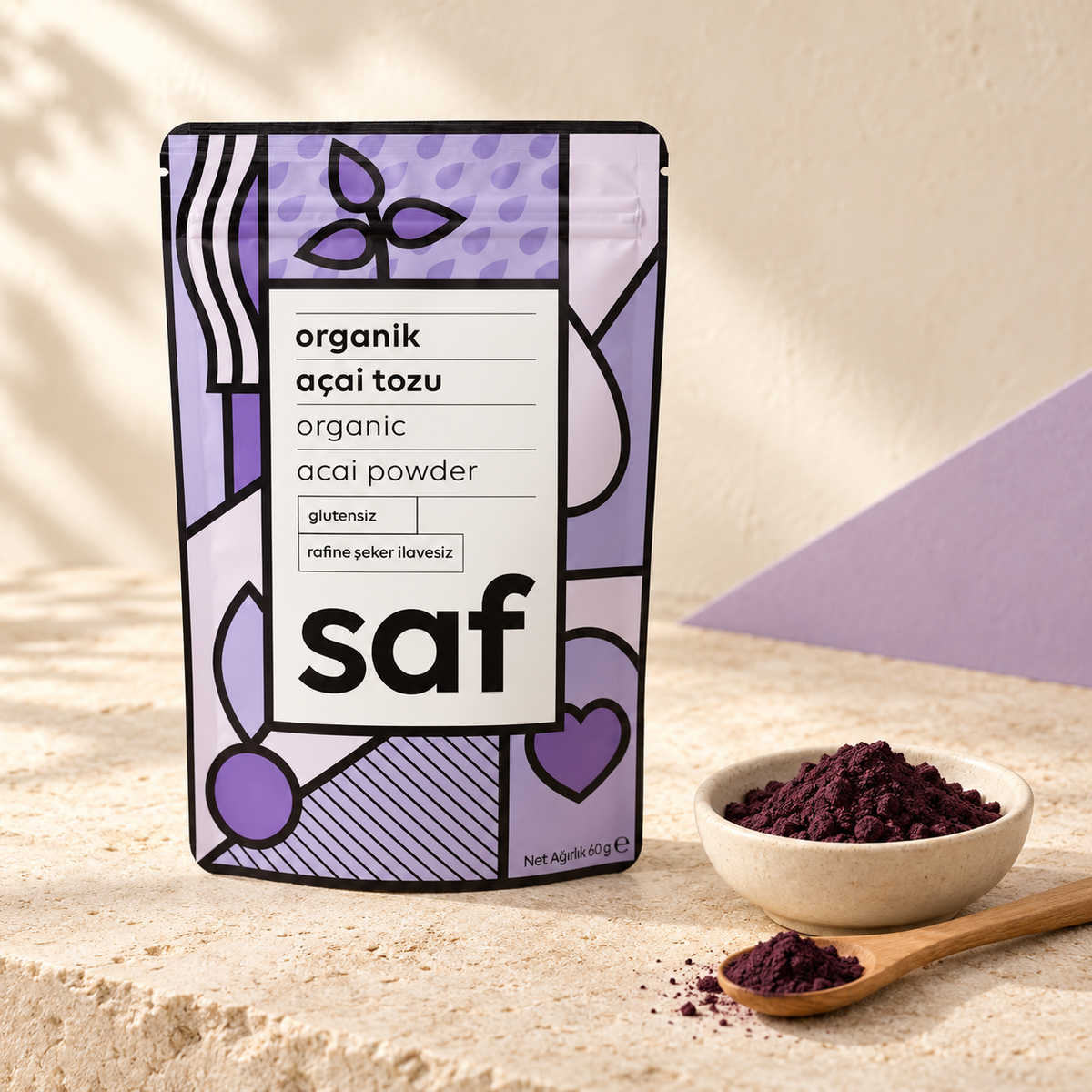SAF Organik Acai Tozu 60 g, acai tozu ile sunum