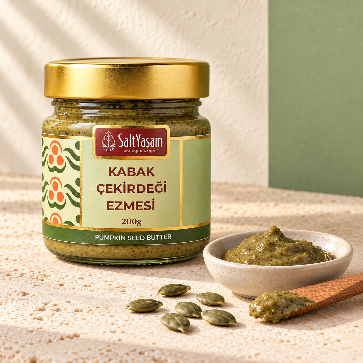 Salt Yaşam Kabak Çekirdeği Ezmesi 200 g, ezme ve kabak çekirdekleriyle sunum