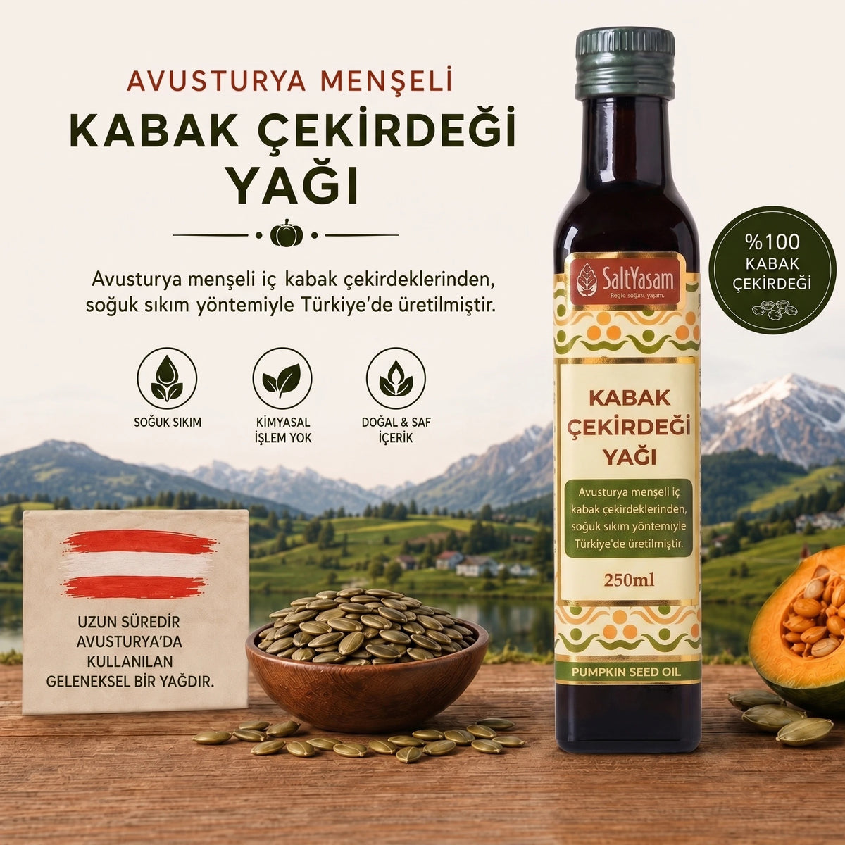 SALT YAŞAM Soğuk Sıkım %100 Kabak Çekirdeği Yağı 250ml (Avusturya Menşeli Çekirdek)