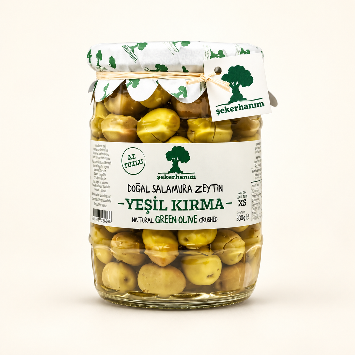 ŞEKERHANIM Az Tuzlu Yeşil Kırma Zeytin 330 g – stüdyo çekimi