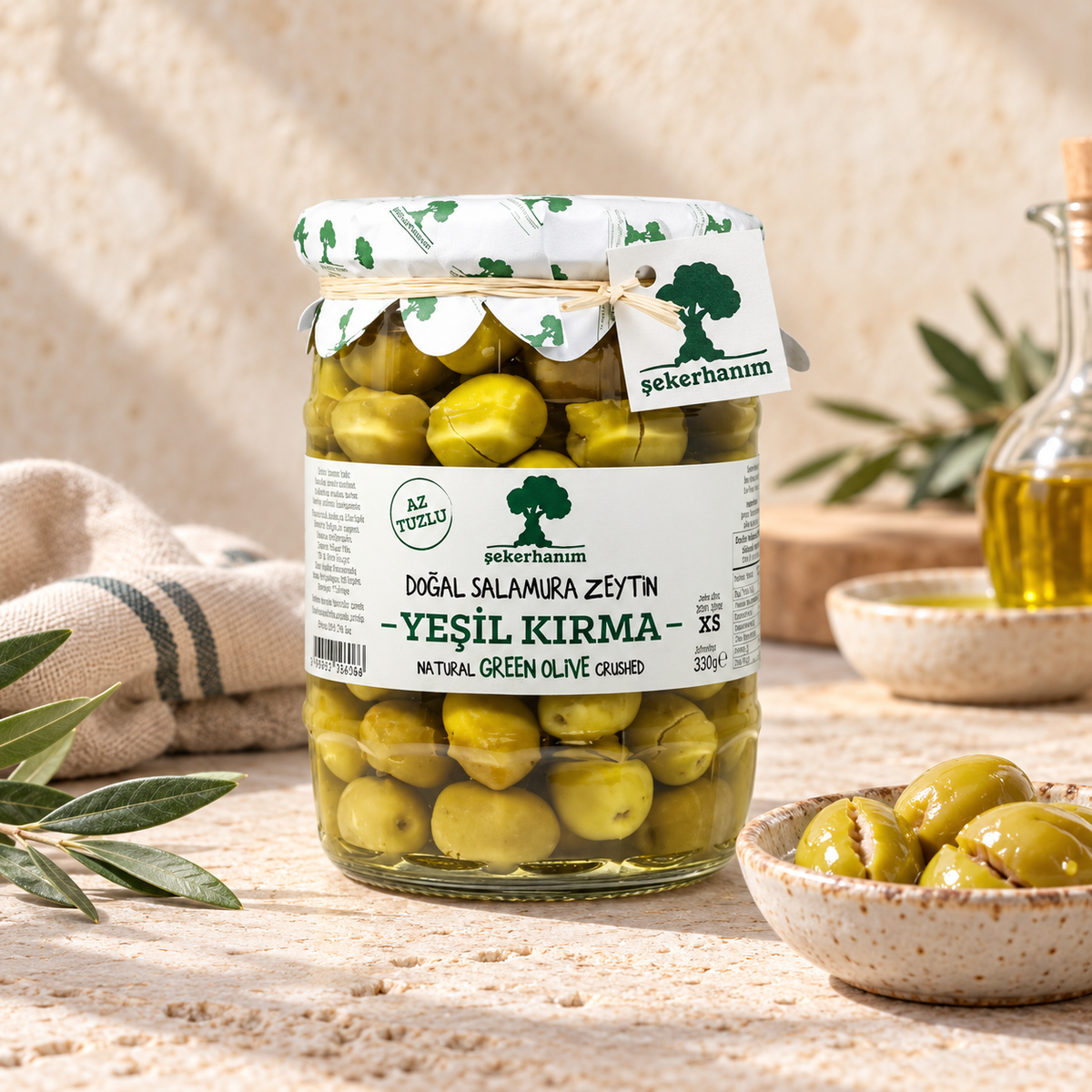 ŞEKERHANIM Az Tuzlu Yeşil Kırma Zeytin 330 g – sunum önerisi