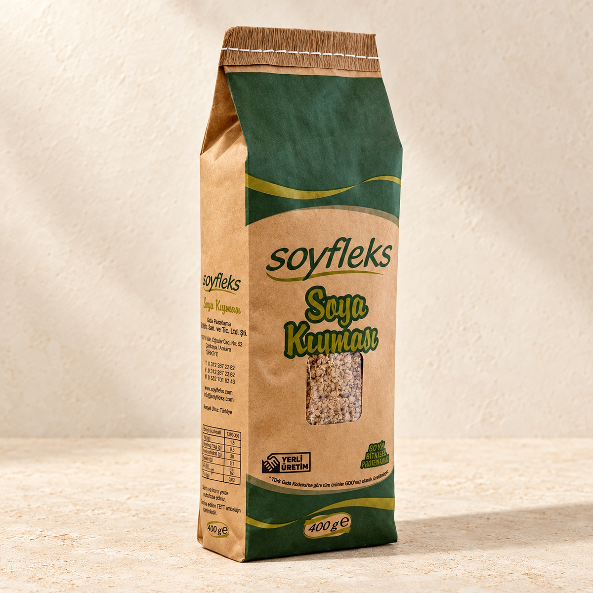 SOYFLEKS Soya Kıyma 400 g, krem zeminde ambalaj fotoğrafı