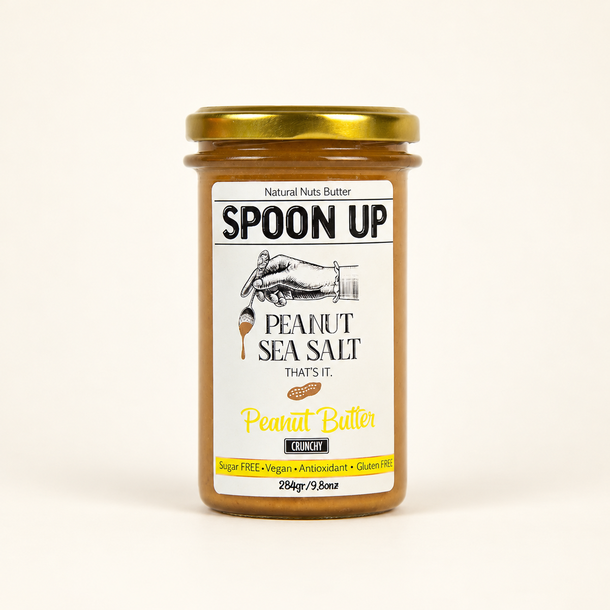 SPOONUP NUTS Deniz Tuzlu Fıstık Ezmesi 284 g Crunchy – stüdyo çekimi