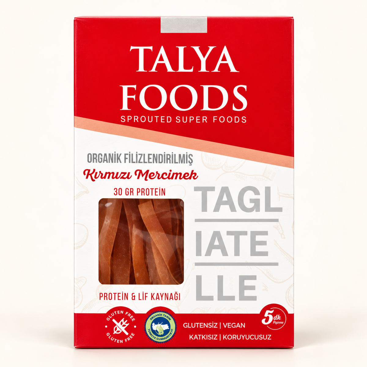 TALYA FOODS Filizlendirilmiş Kırmızı Mercimek Tagliatelle 200 g – stüdyo çekimi