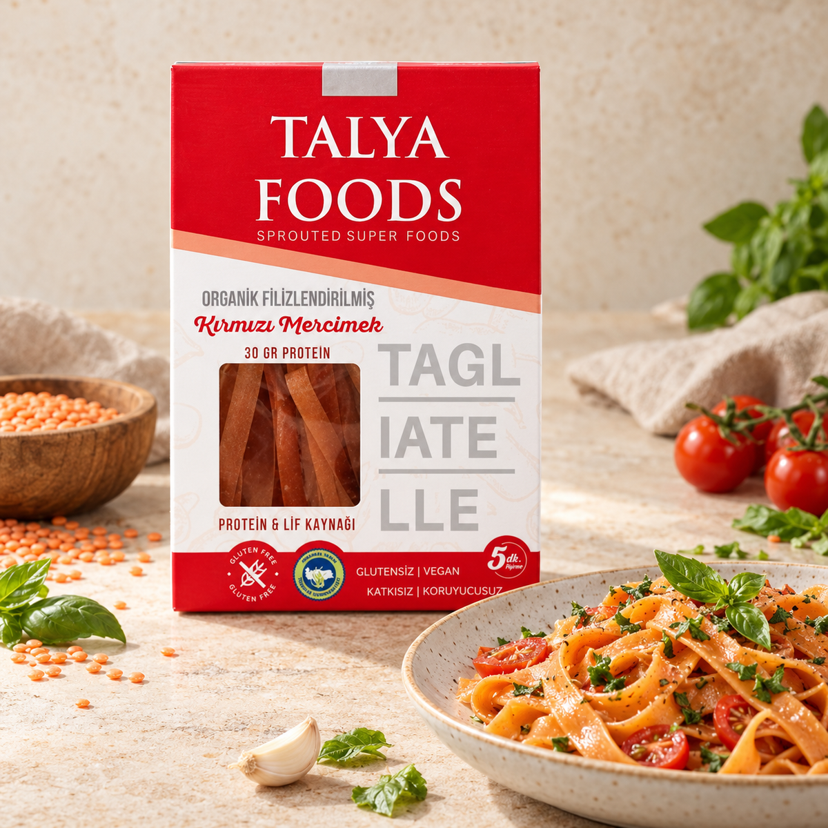 TALYA FOODS Filizlendirilmiş Kırmızı Mercimek Tagliatelle 200 g – sunum önerisi