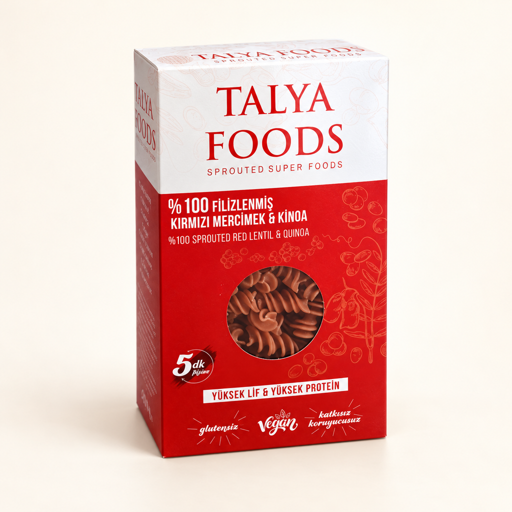 TALYA FOODS Filizlendirilmiş Kırmızı Mercimek ve Kinoa Makarnası 200 g – stüdyo çekimi