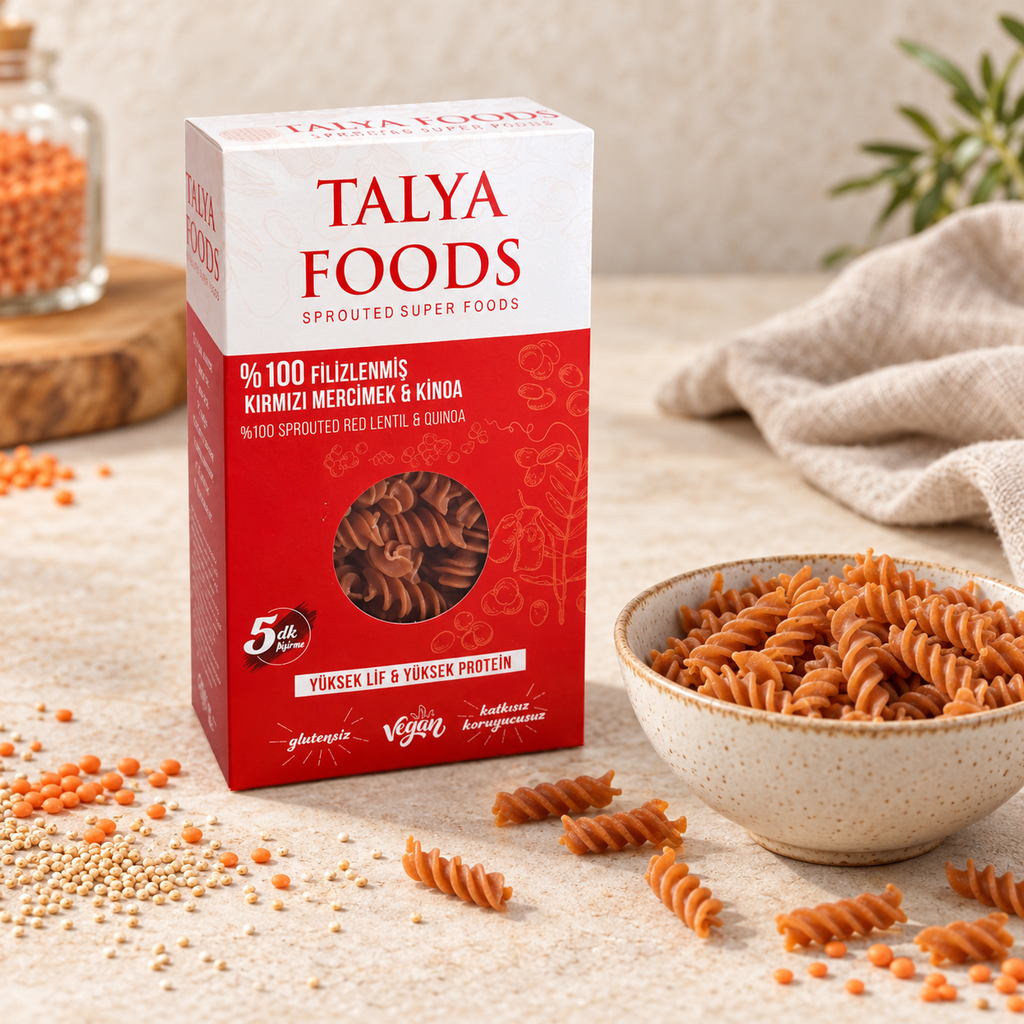 TALYA FOODS Filizlendirilmiş Kırmızı Mercimek ve Kinoa Makarnası 200 g – sunum önerisi