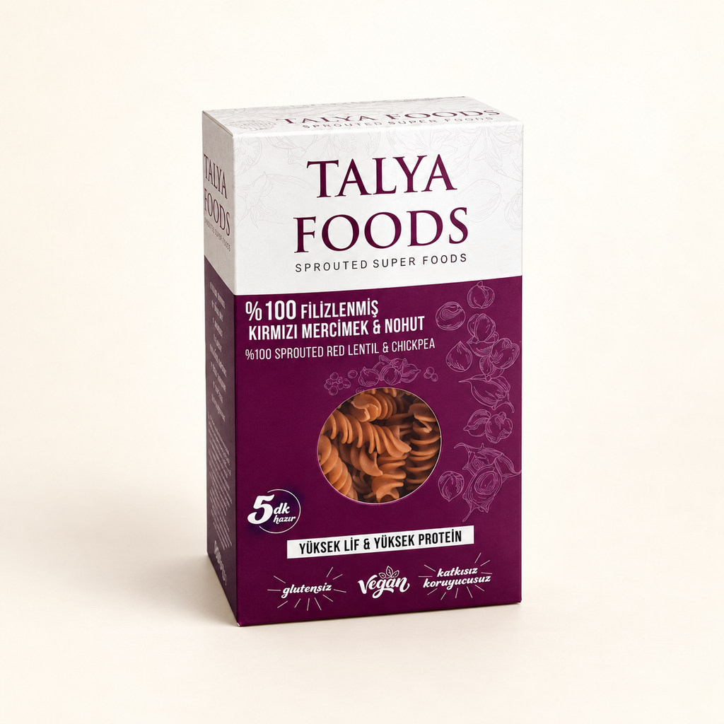 TALYA FOODS Filizlendirilmiş Kırmızı Mercimek ve Nohut Makarnası 200 g – stüdyo çekimi