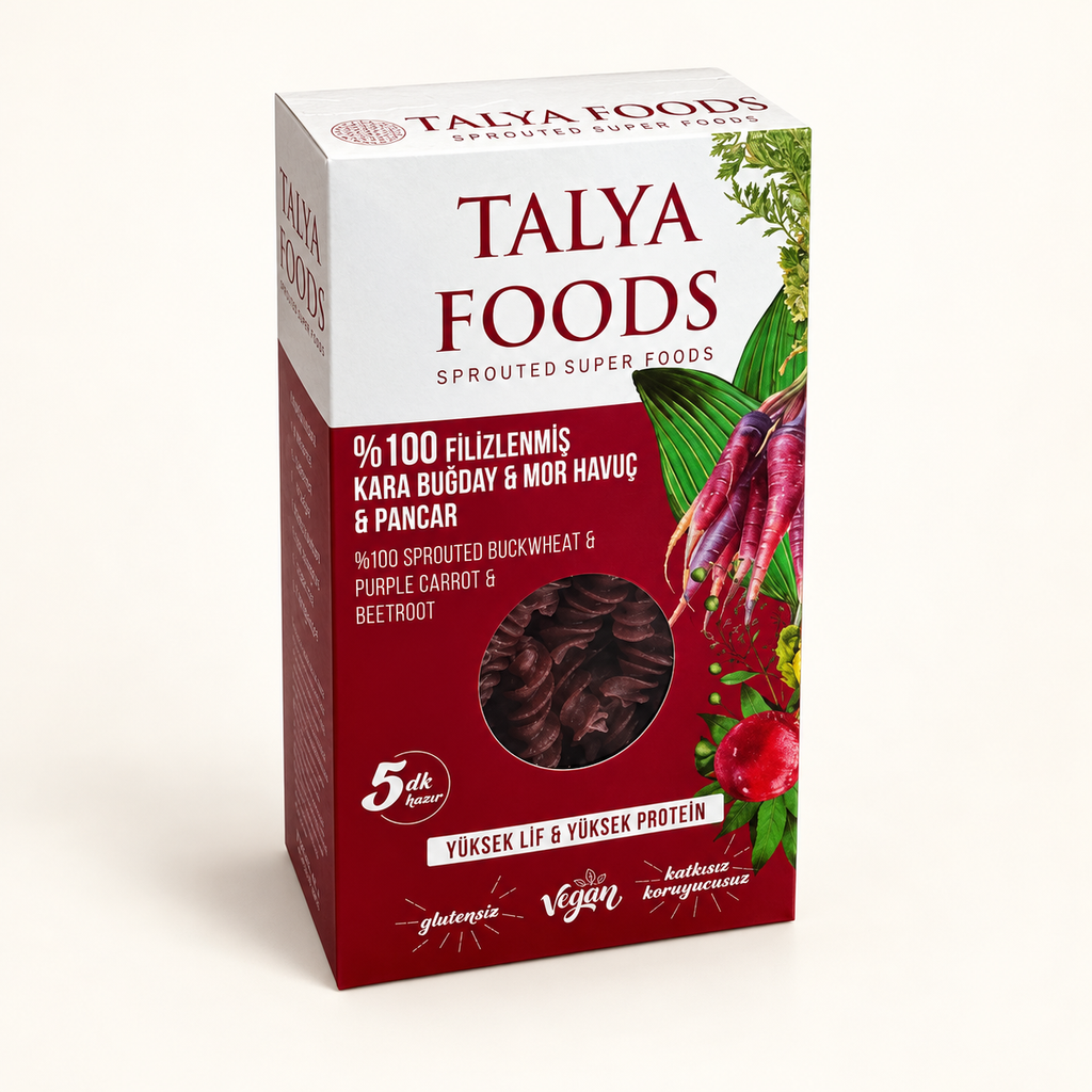 TALYA FOODS Karabuğday, Mor Havuç, Pancar Makarnası 200 g – stüdyo çekimi