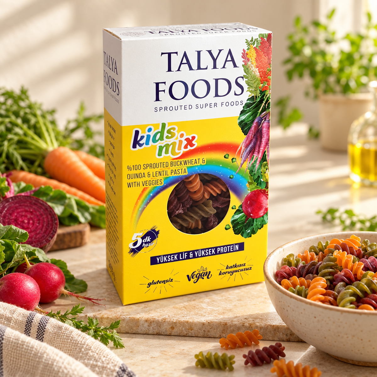 TALYA FOODS Kids Mix Glutensiz Sebzeli Makarna 200 g – sunum önerisi