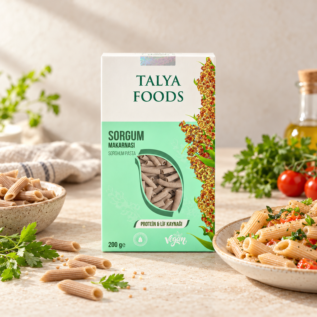 TALYA FOODS Vegan & Glutensiz Sorgum Makarnası 200 g – sunum önerisi