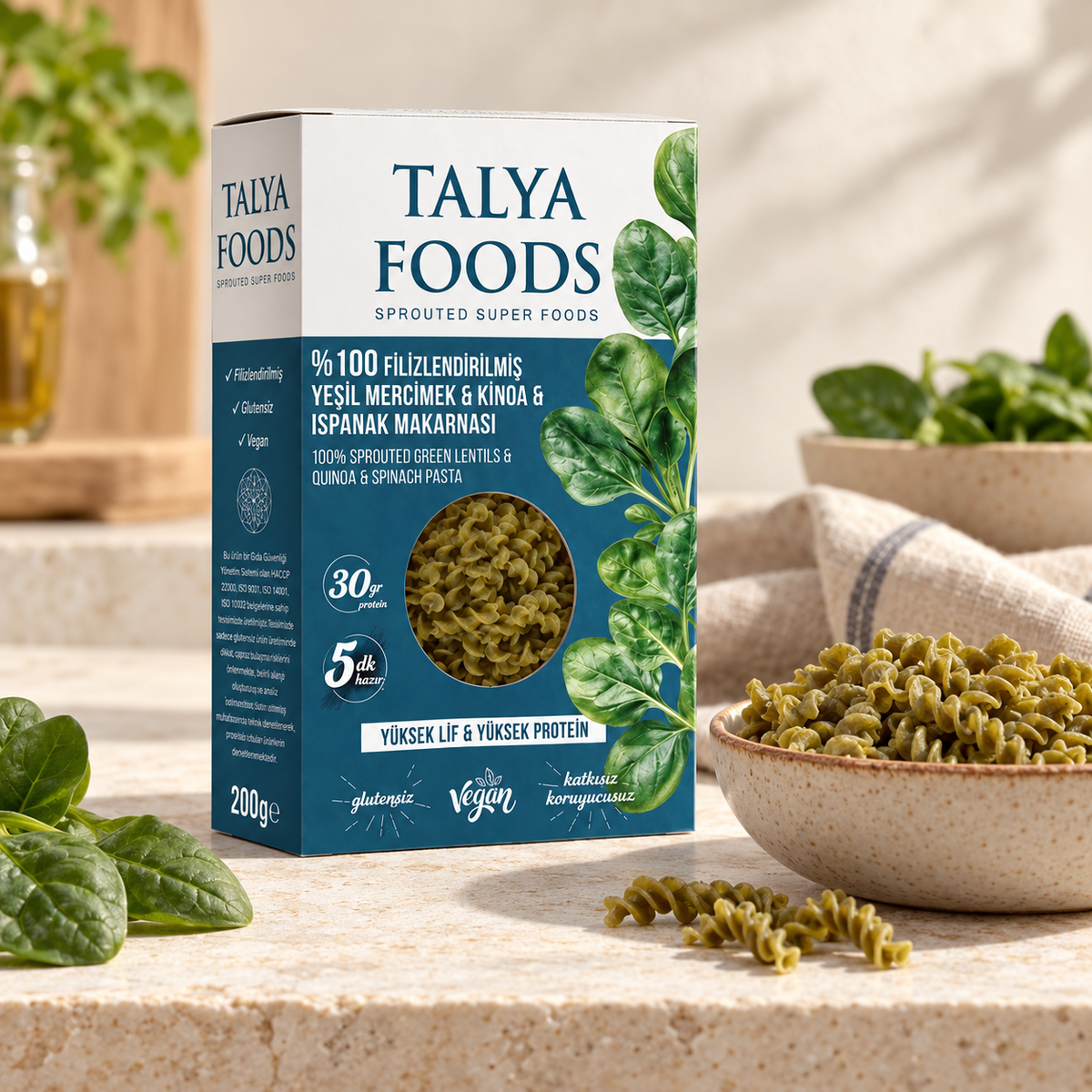 TALYA FOODS Yeşil Mercimek, Kinoa ve Ispanak Makarna 200 g – sunum önerisi