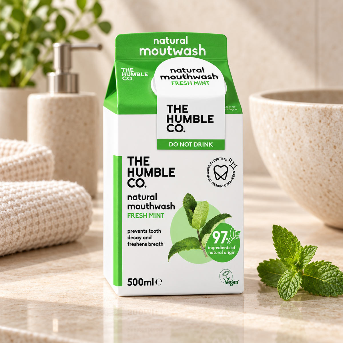 The Humble Co Ağız Bakım Suyu 500 ml Nane Karton Kutu – sunum önerisi