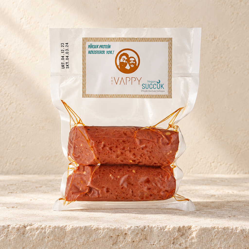 VAPPY Vegan Sucuk 180 g, krem zeminde ambalaj fotoğrafı