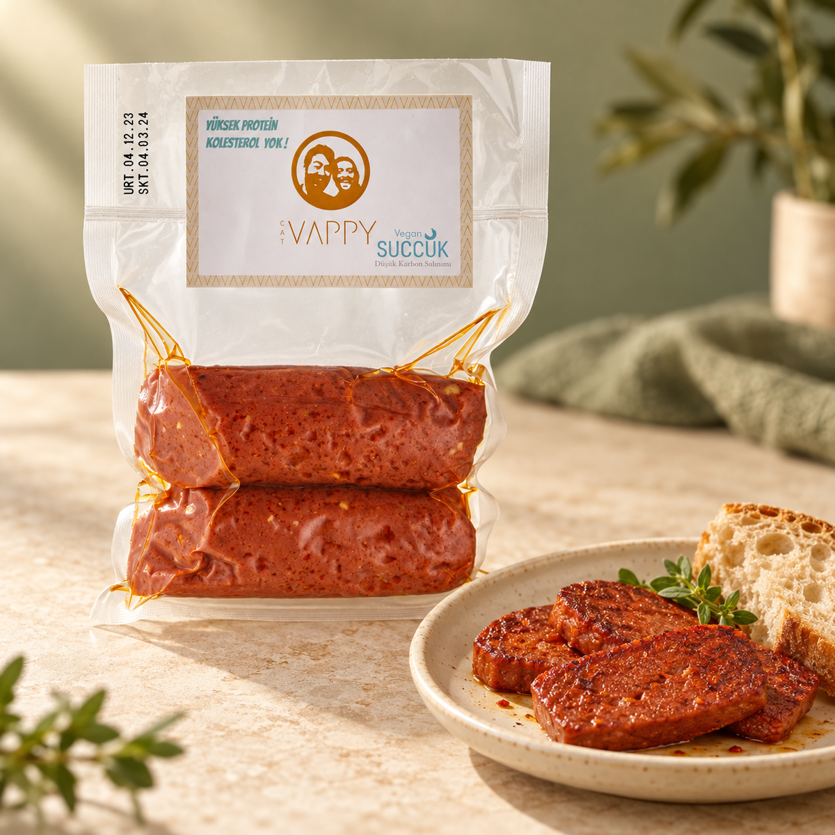 VAPPY Vegan Sucuk 180 g, kızarmış vegan sucuk sunumu