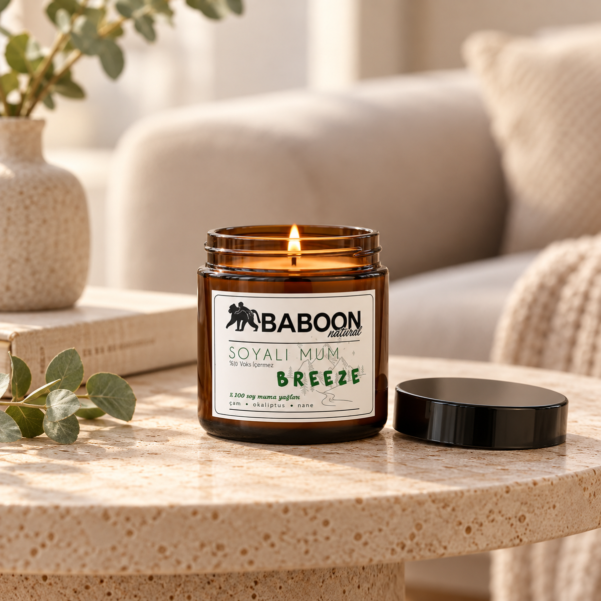BABOON NATURAL Soyalı Mum Çam & Okaliptus & Nane - Breeze – sunum önerisi