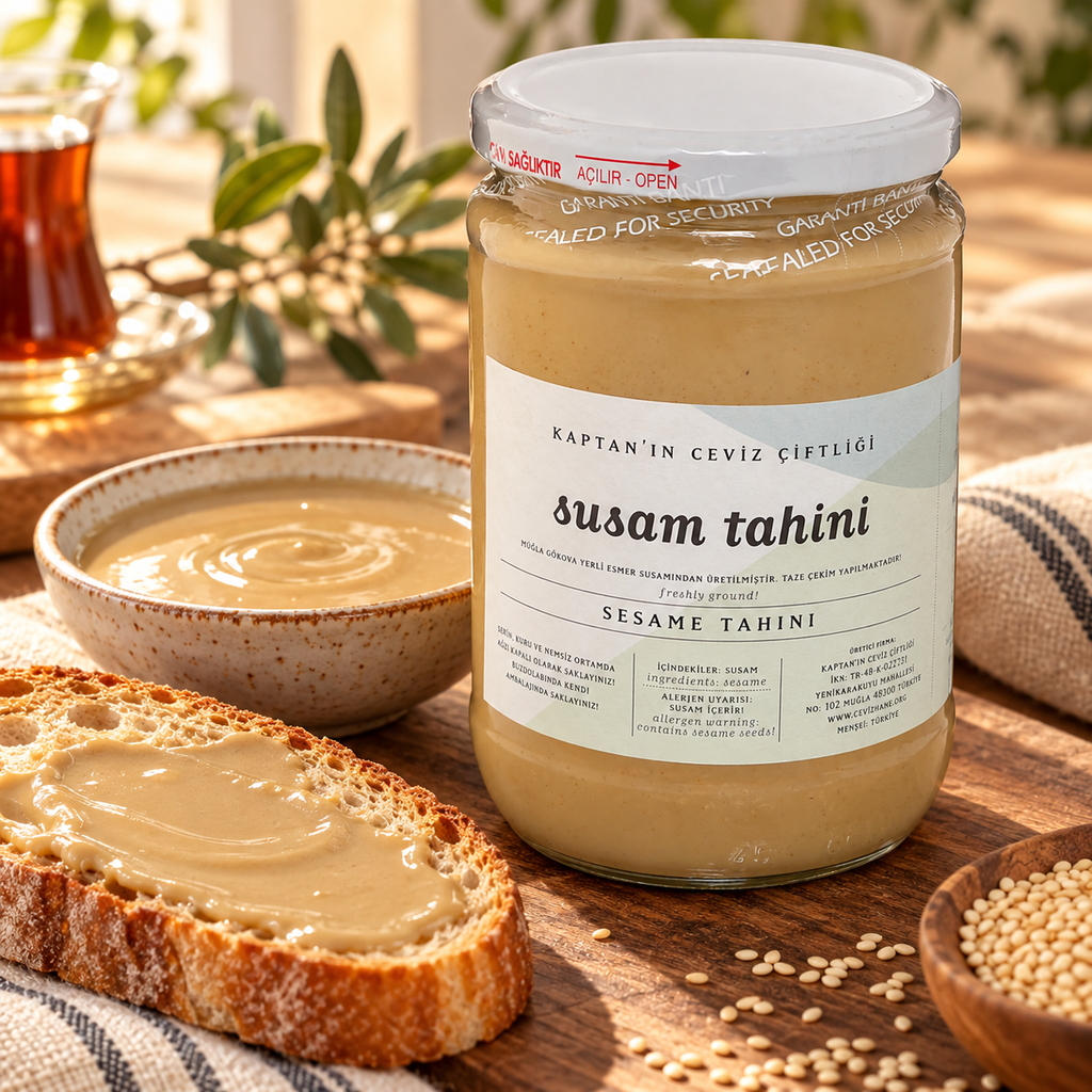 KAPTAN'IN CEVİZ ÇİFTLİĞİ Yerli Gökova Susam Tahini 650 g – sunum önerisi