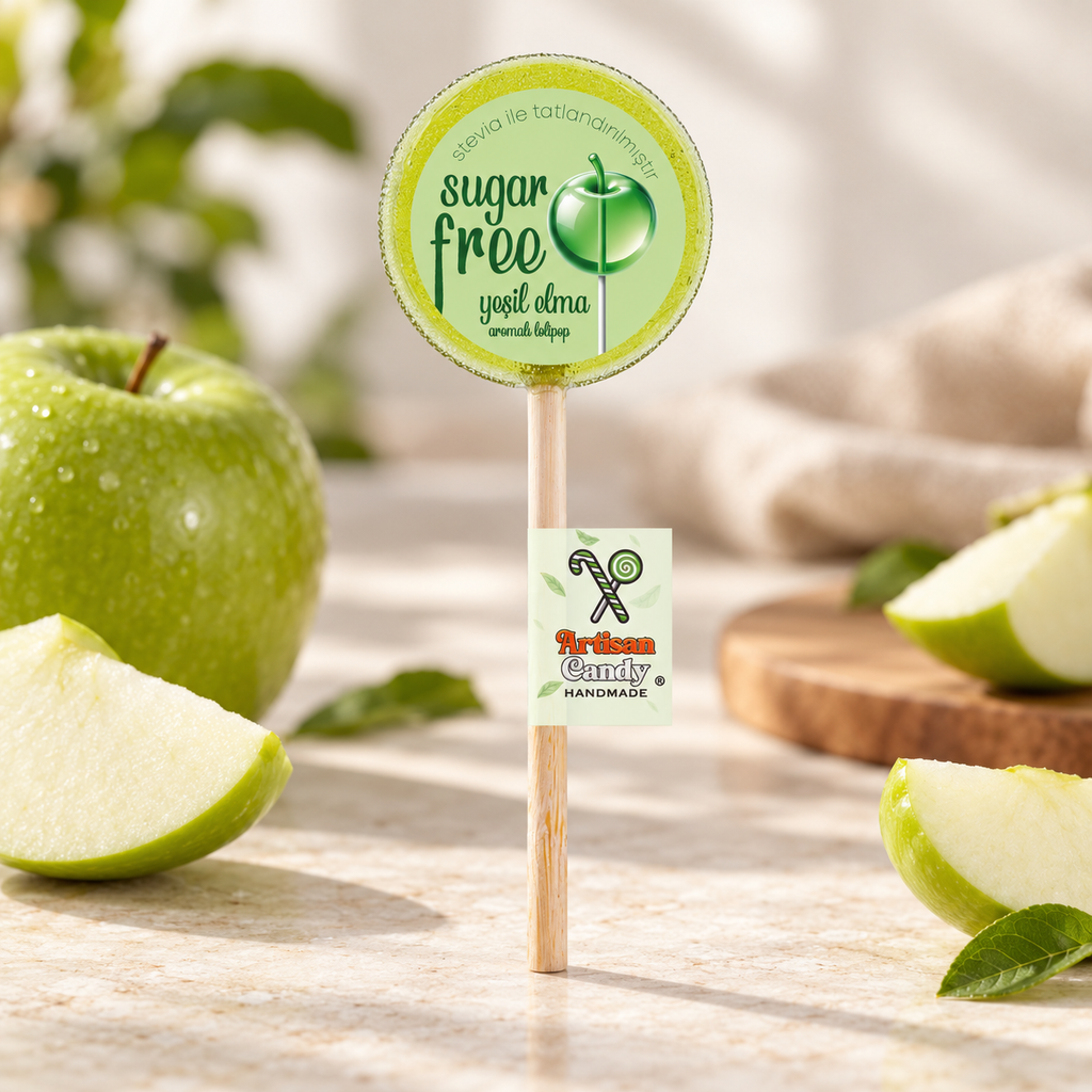 ARTISAN CANDY El Yapımı Meyve Aromalı Kristal Lolipop YEŞİL ELMA 16 g (1 adet) – sunum önerisi