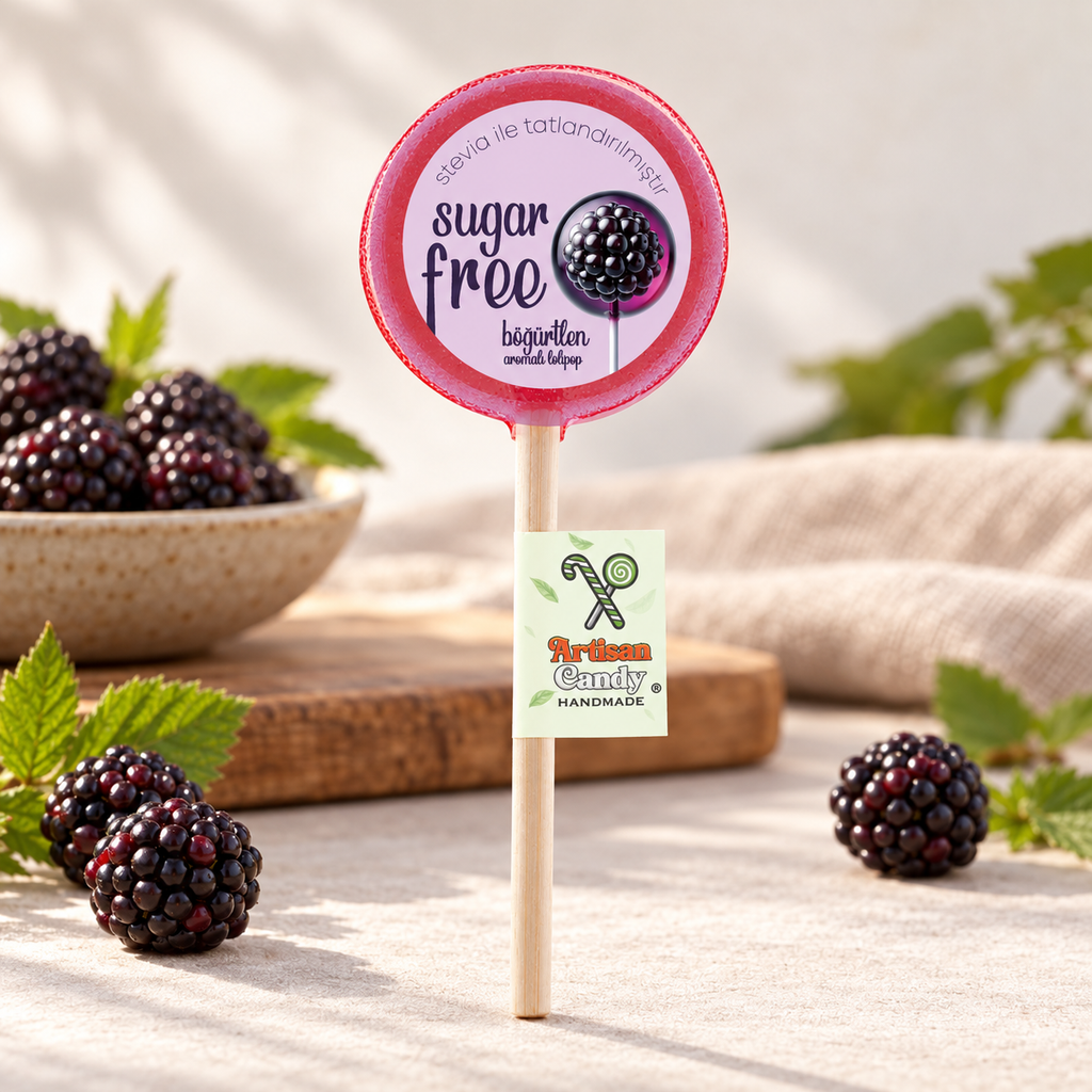 ARTISAN CANDY El Yapımı Meyve Aromalı Kristal Lolipop BÖĞÜRTLEN 16 g (1 adet) – sunum önerisi