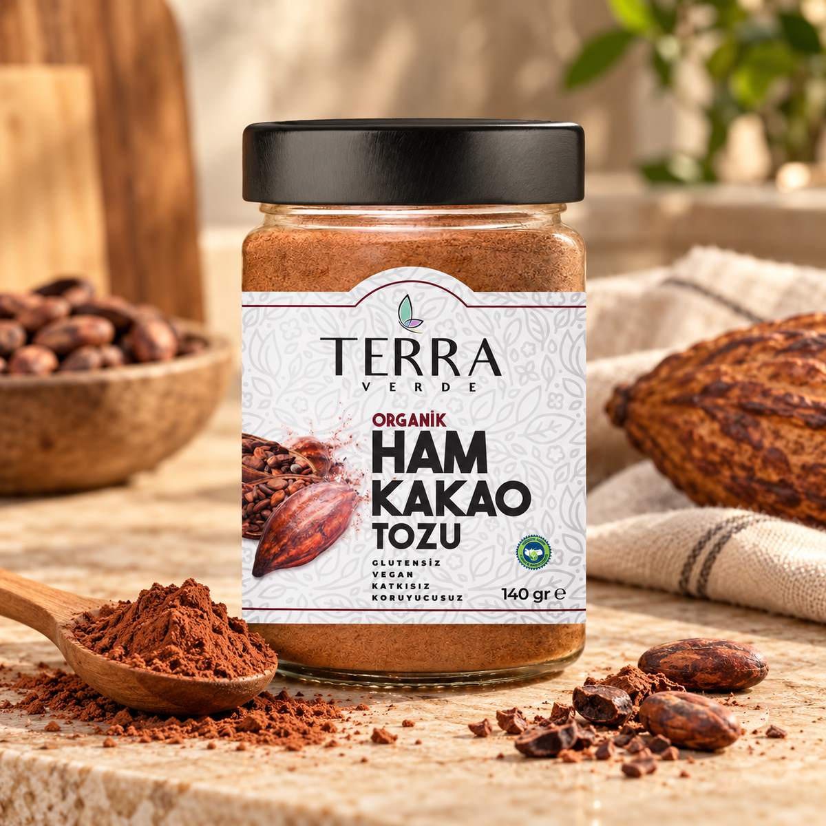 TERRA VERDE Organik Ham Kakao Tozu 140 g – sunum önerisi
