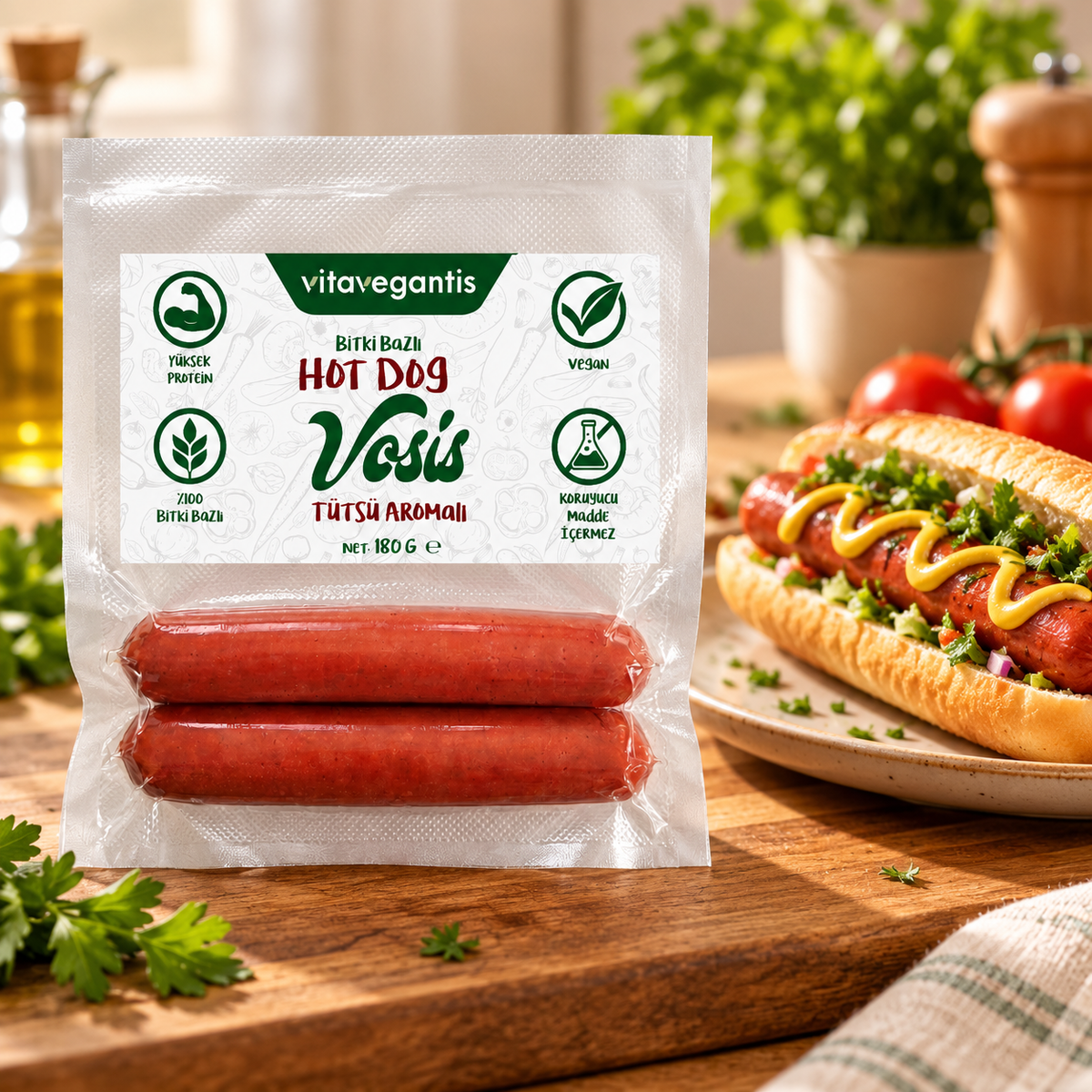 VITA VEGANTIS Bitki Bazlı Hot Dog Sosis Tütsü Aromalı 180 g – sunum önerisi