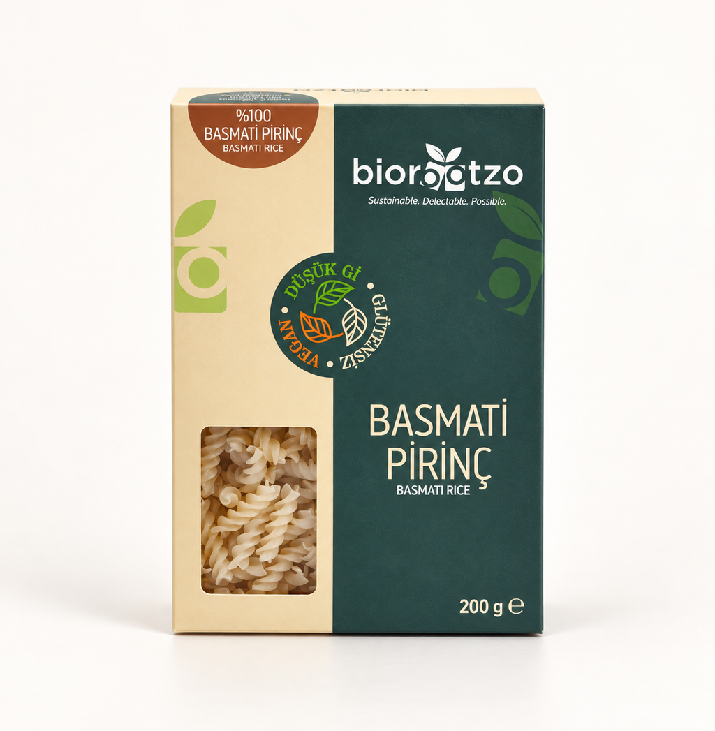 BIOROOTZO Basmati Pirinç Makarnası 200 g  Fusili Burgu – stüdyo çekimi