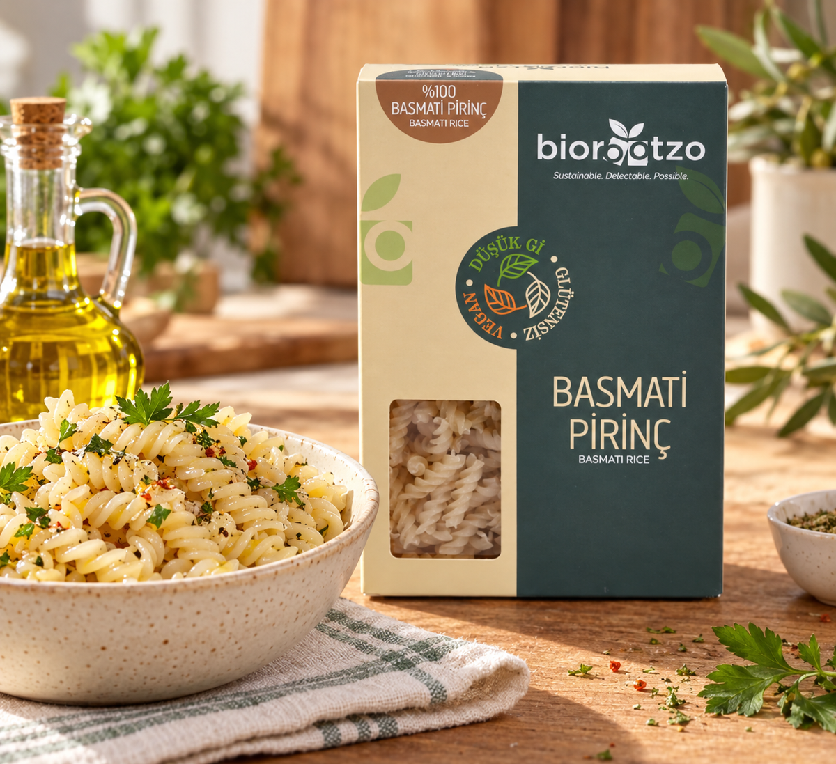 BIOROOTZO Basmati Pirinç Makarnası 200 g  Fusili Burgu – sunum önerisi